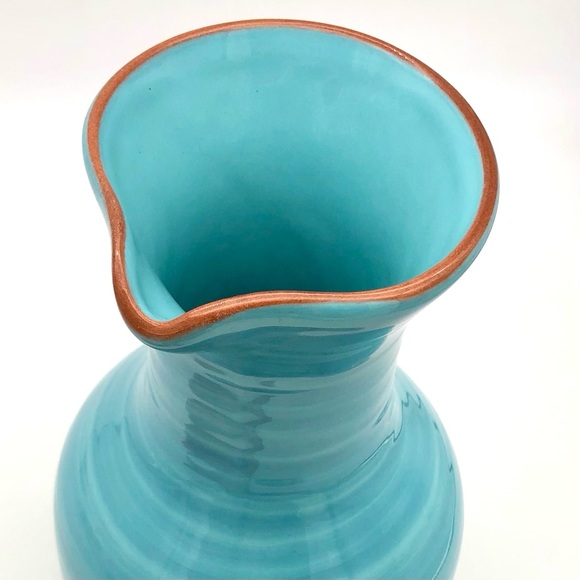 Large Pottery Vase Decanter Pitcher Aqua Blue Glossy Glazed Redware - Picture 6 of 10